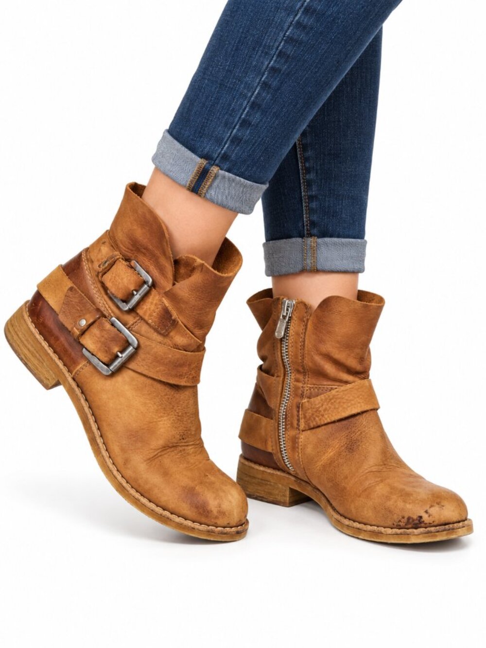 STEVE MADDEN Orly Distressed Leather Ankle Boots Brown 38EU 7US Moto Biker